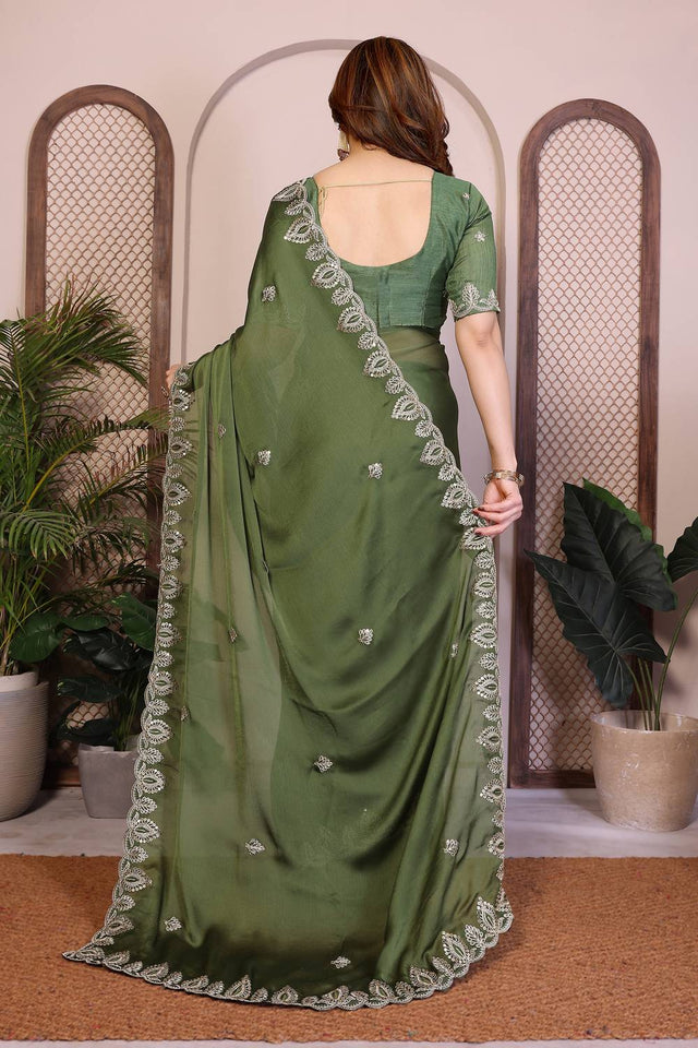 Mehendi Embroidered Satin Saree (ACA5953)