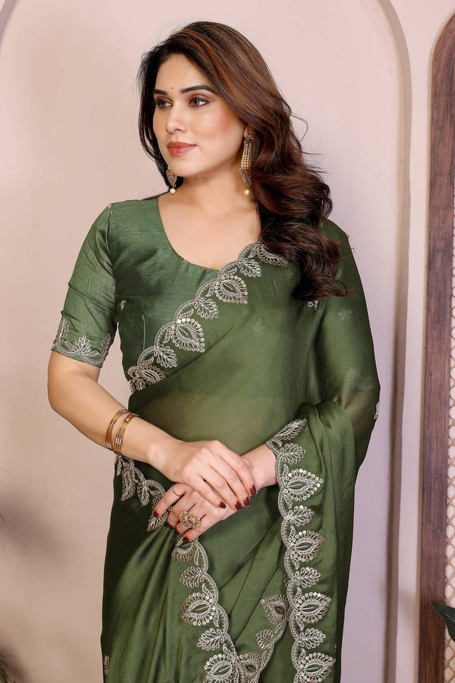 Mehendi Embroidered Satin Saree (ACA5953)