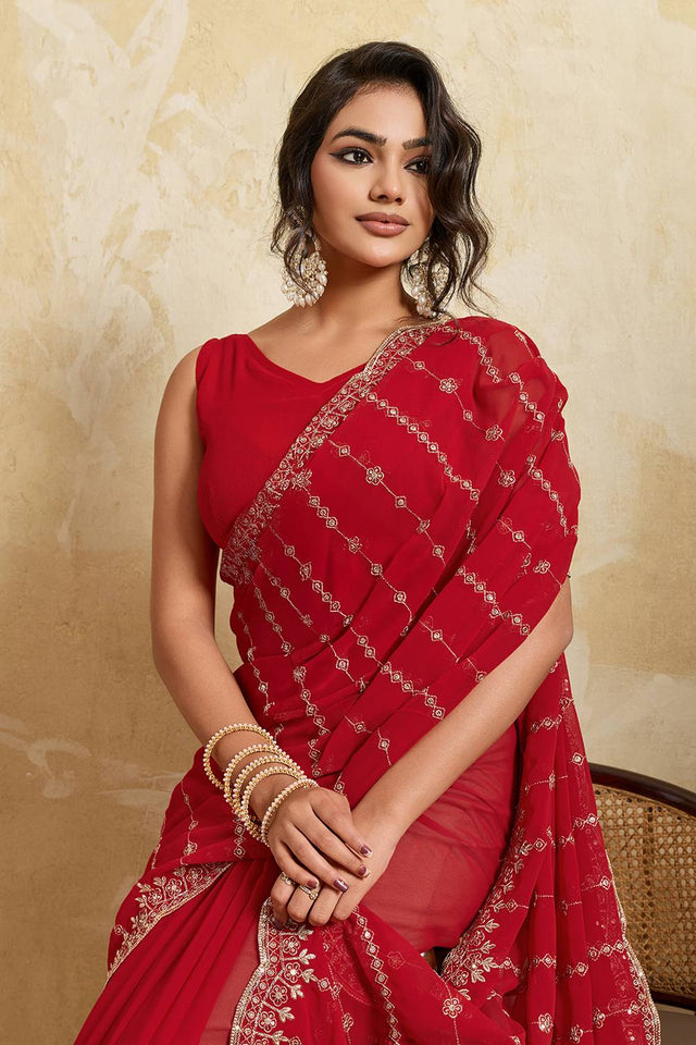 Red Floral Embroidered Georgette Saree (ACA5962)