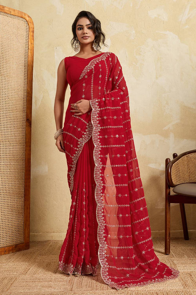 Red Floral Embroidered Georgette Saree (ACA5962)