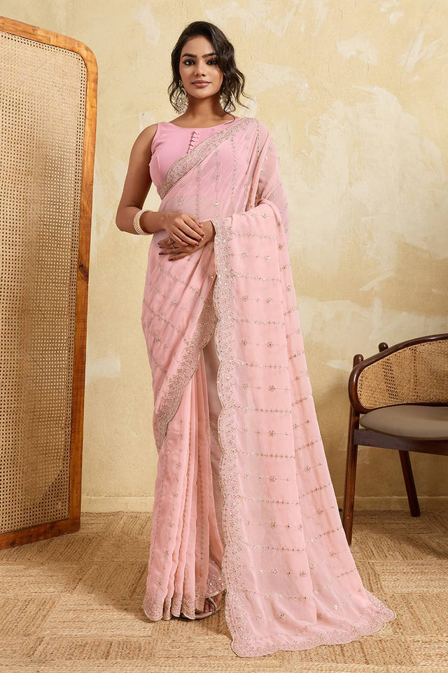 Pink Floral Embroidered Georgette Saree (ACA5963)