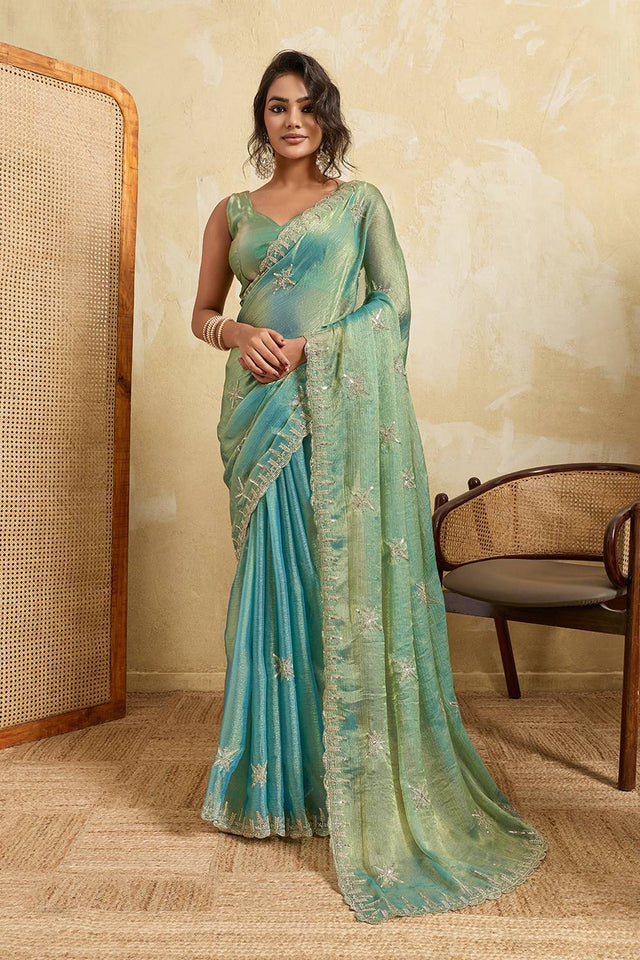 Blue Floral Embroidered Chiffon Saree (ACA5966)