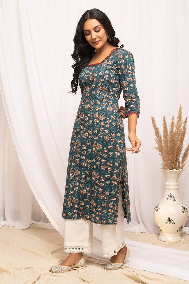 Blue Floral Printed Cotton Long Kurtis (ACA5968)