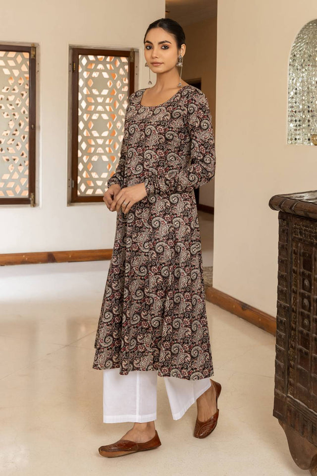Brown Printed Cotton Long Kurtis (ACA5969)