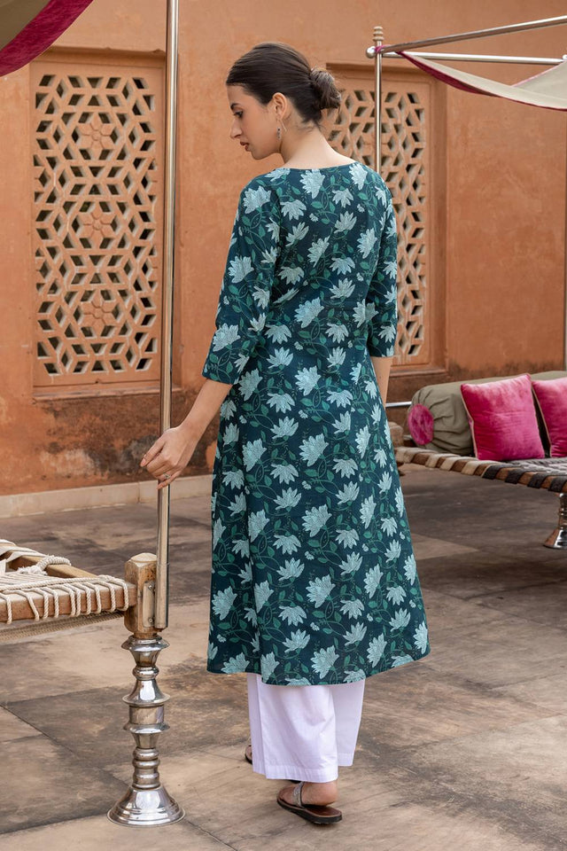 Turquoise Floral Printed Cotton Long Kurtis (ACA5970)