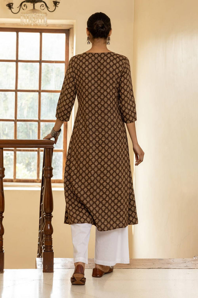 Brown Printed Cotton Long Kurtis (ACA5971)