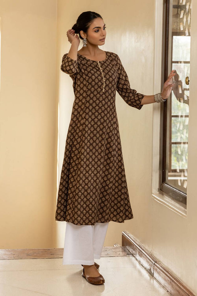 Brown Printed Cotton Long Kurtis (ACA5971)