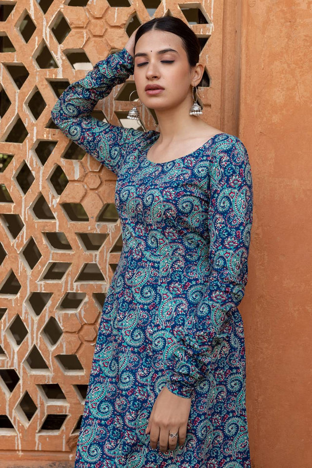 Blue Printed Cotton Long Kurtis (ACA5972)