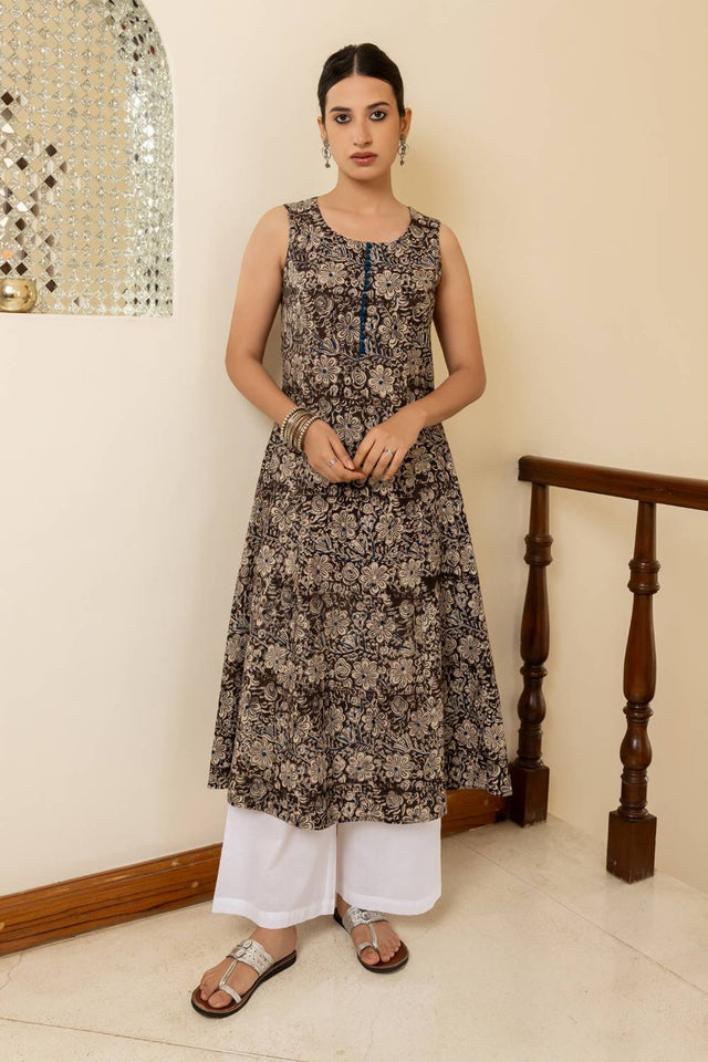 Brown Floral Printed Cotton Long Kurtis (ACA5973)