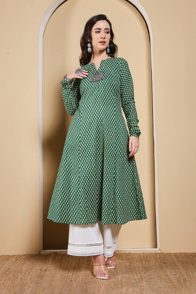 Green Printed Cotton Long Kurtis (ACA5974)