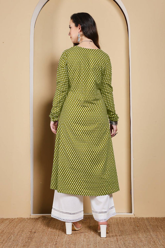 Mehendi Printed Cotton Long Kurtis (ACA5976)