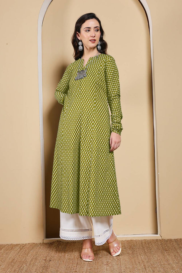 Mehendi Printed Cotton Long Kurtis (ACA5976)