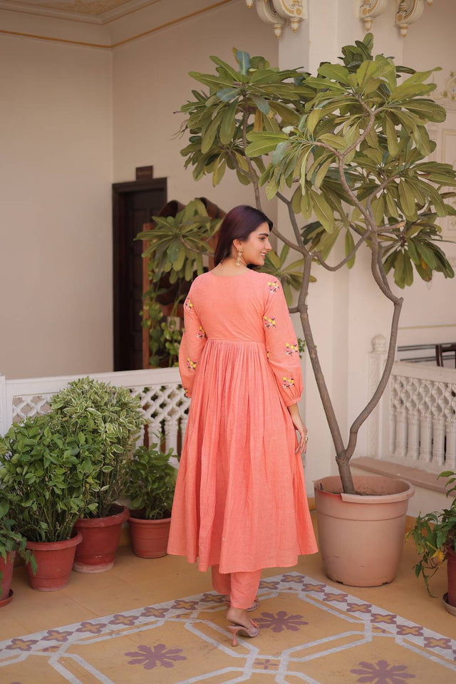 Peach Floral Embroidered Cotton Anarkali Suits (ACA5995)