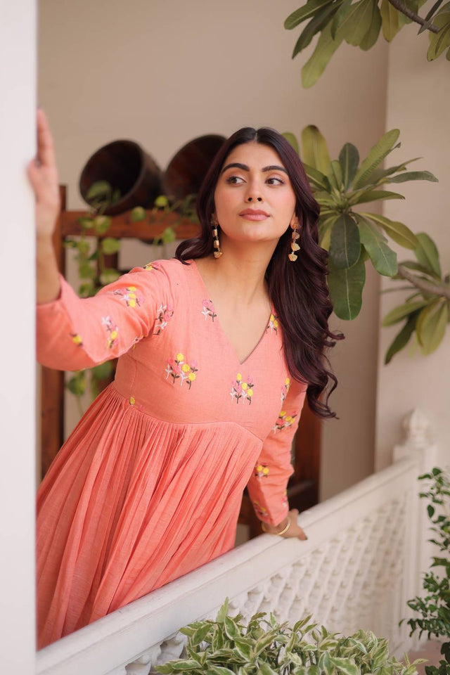 Peach Floral Embroidered Cotton Anarkali Suits (ACA5995)