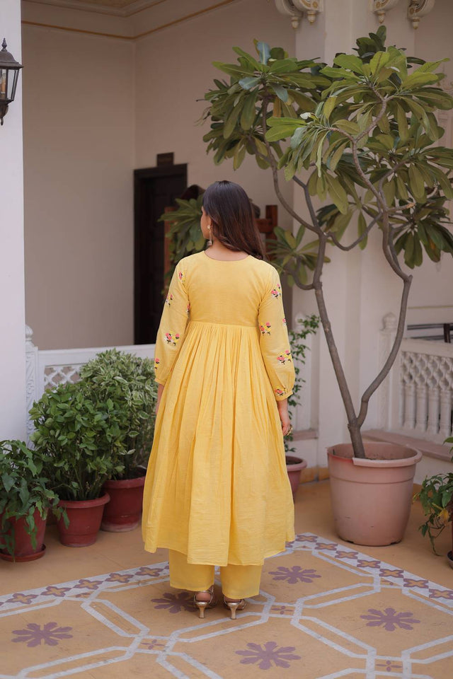 Yellow Floral Embroidered Cotton Anarkali Suits (ACA5996)