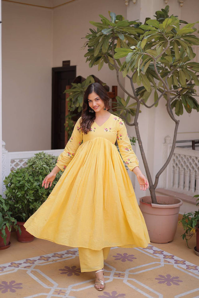 Yellow Floral Embroidered Cotton Anarkali Suits (ACA5996)