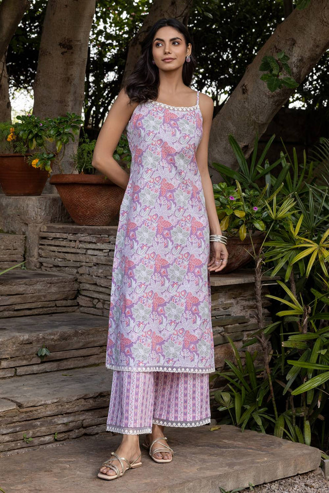 Lavender Floral Printed Cotton Kurti Pant Set