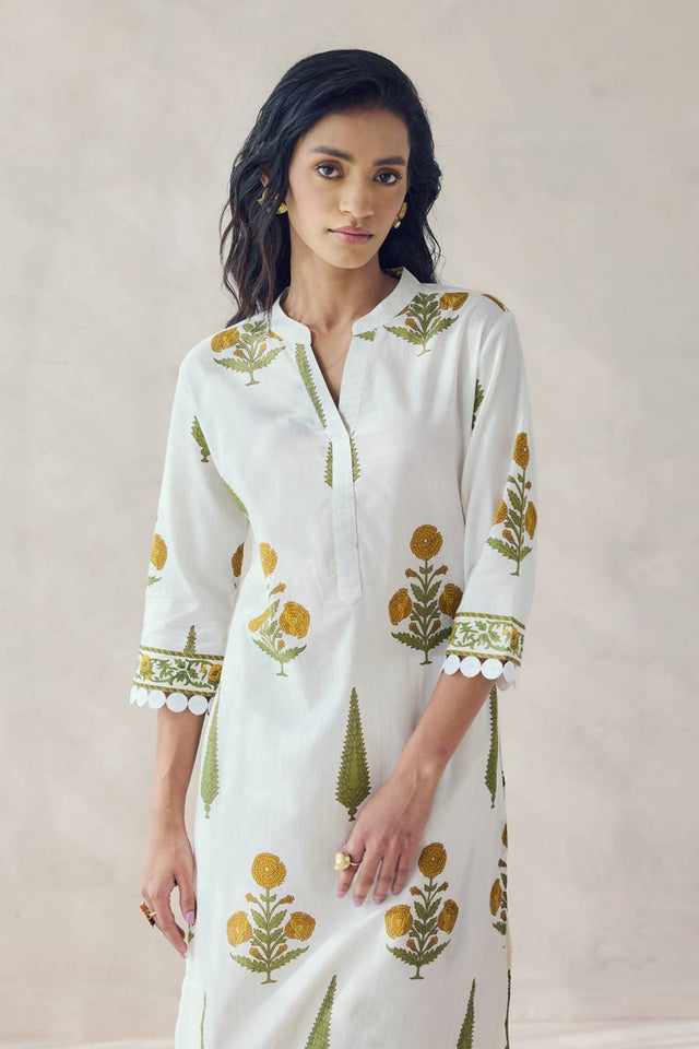 Green Floral Printed Cotton Kurti Pant Set