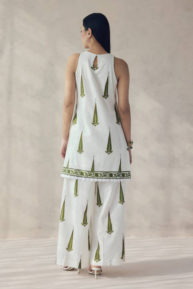 Off White Printed Cotton Kurti Pant Set