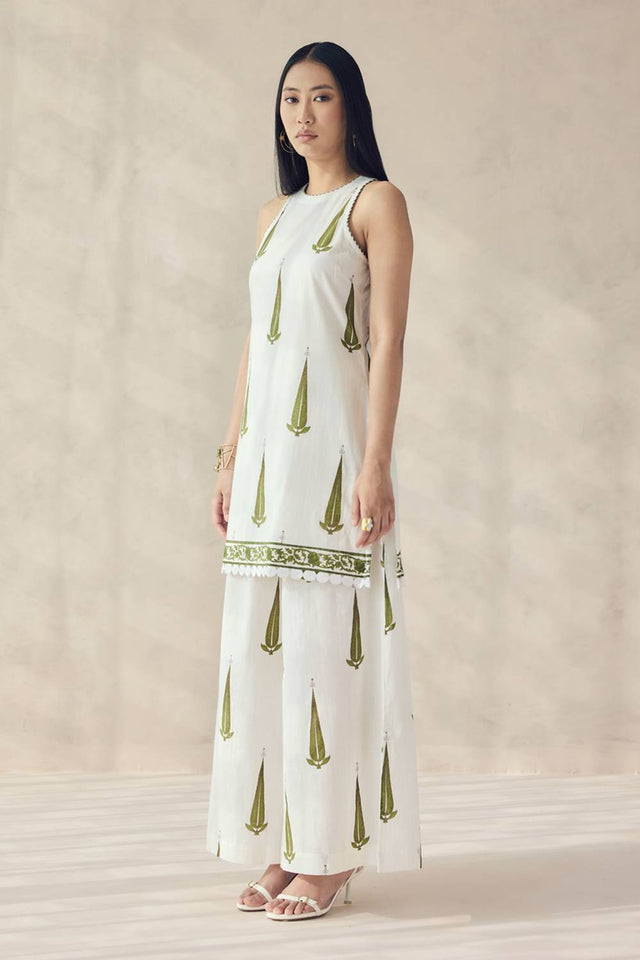 Off White Printed Cotton Kurti Pant Set