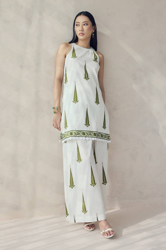 Off White Printed Cotton Kurti Pant Set