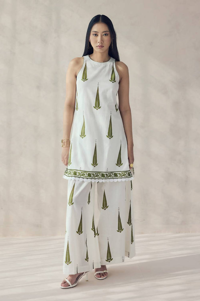 Off White Printed Cotton Kurti Pant Set