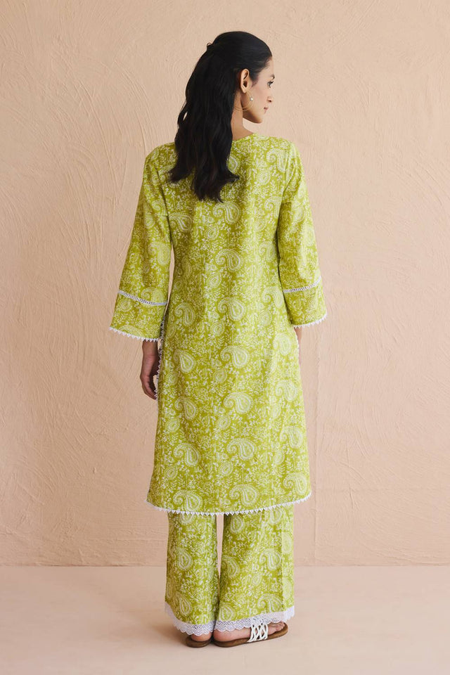 Green Printed Cotton Kurti Pant Set