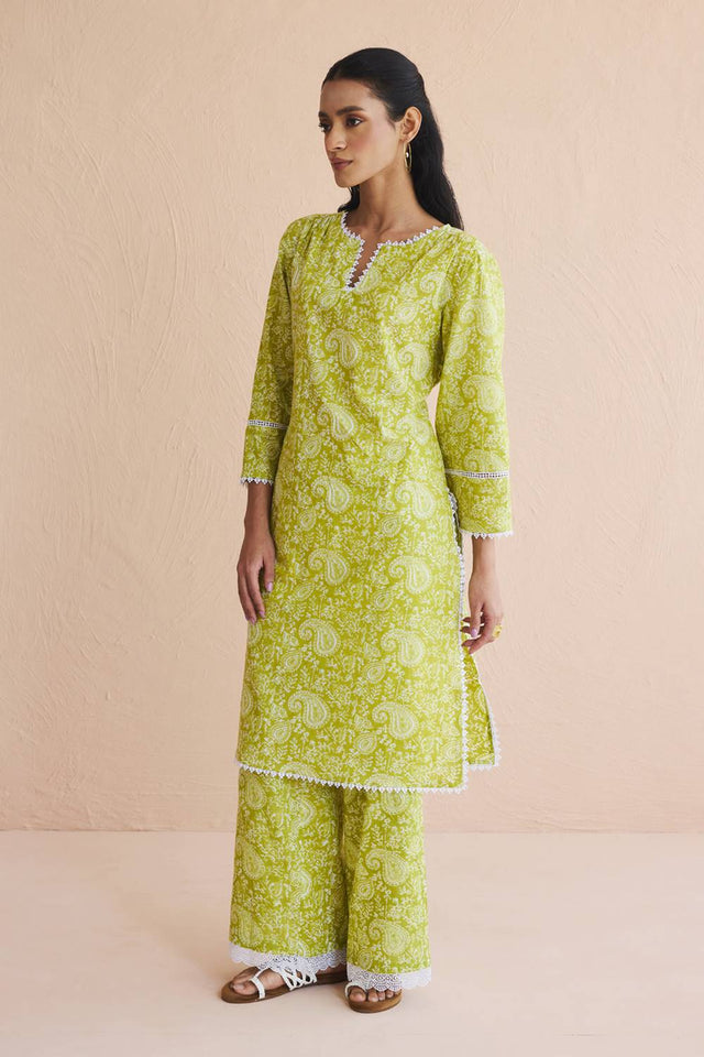 Green Printed Cotton Kurti Pant Set
