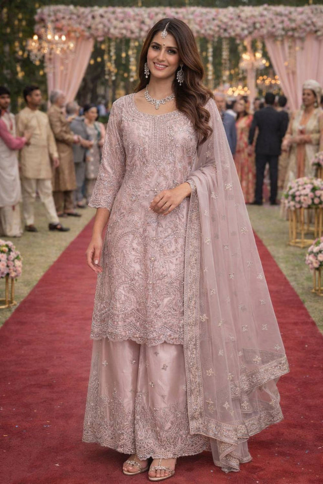 Free Size Stitched Pink Floral Embroidered Net Palazzo Suits (ACA6034)