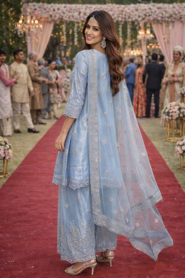 Free Size Stitched Blue Floral Embroidered Net Palazzo Suits (ACA6035)