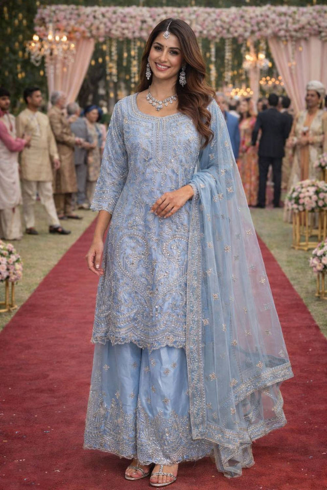 Free Size Stitched Blue Floral Embroidered Net Palazzo Suits (ACA6035)