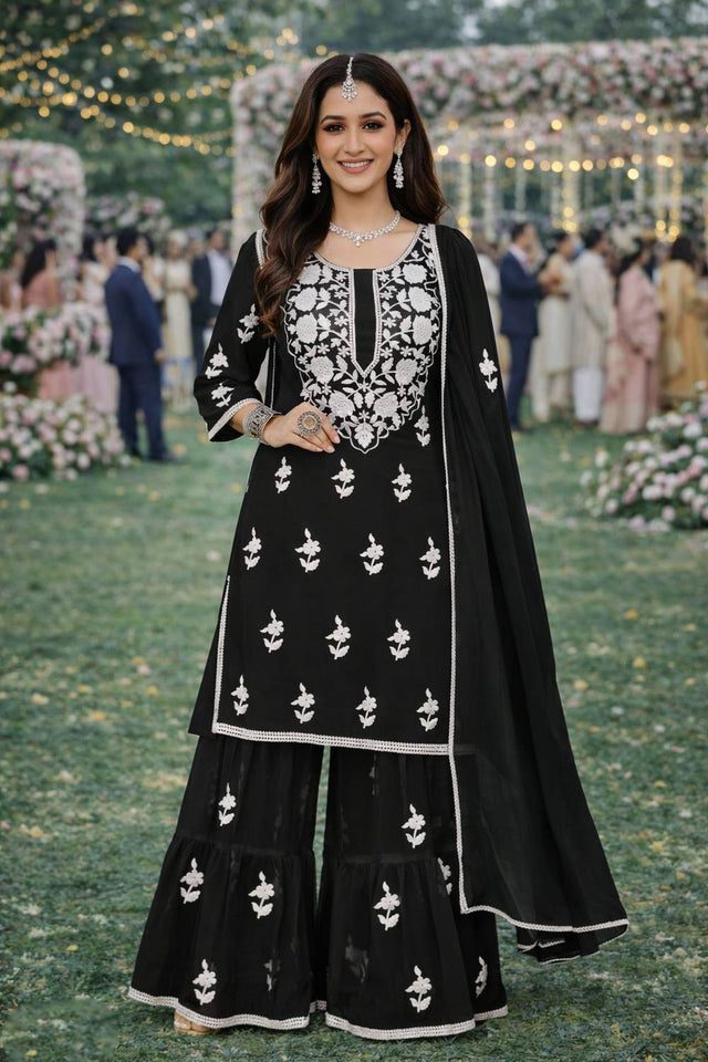 Free Size Stitched Black Floral Embroidered Georgette Palazzo Suits (ACA6036)