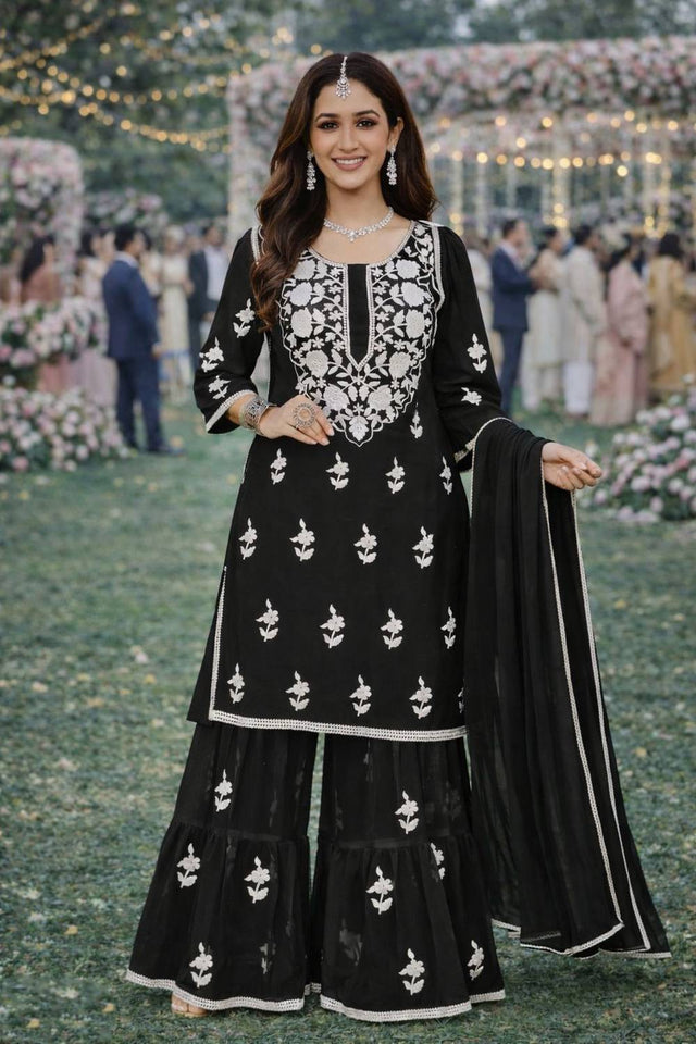 Free Size Stitched Black Floral Embroidered Georgette Palazzo Suits (ACA6036)