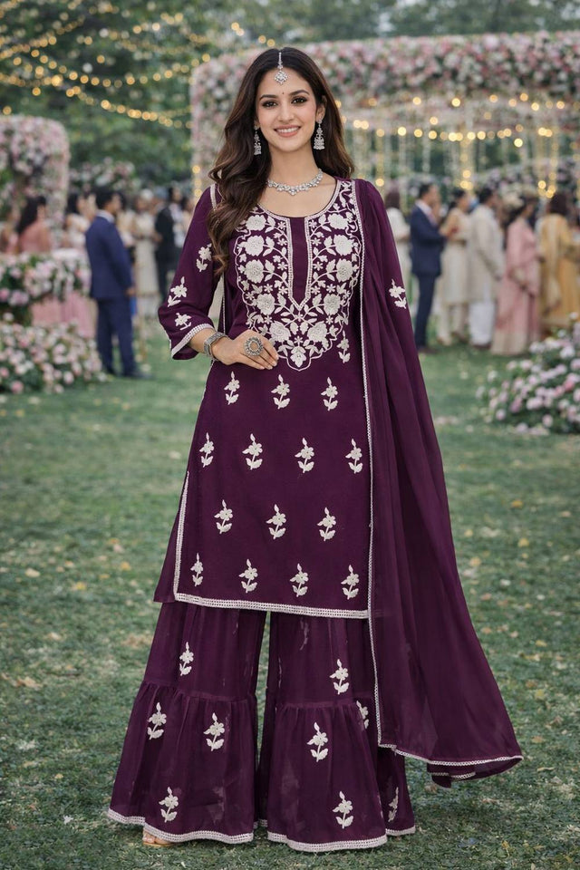 Free Size Stitched Wine Floral Embroidered Georgette Palazzo Suits (ACA6037)
