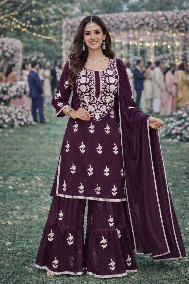 Free Size Stitched Wine Floral Embroidered Georgette Palazzo Suits (ACA6037)
