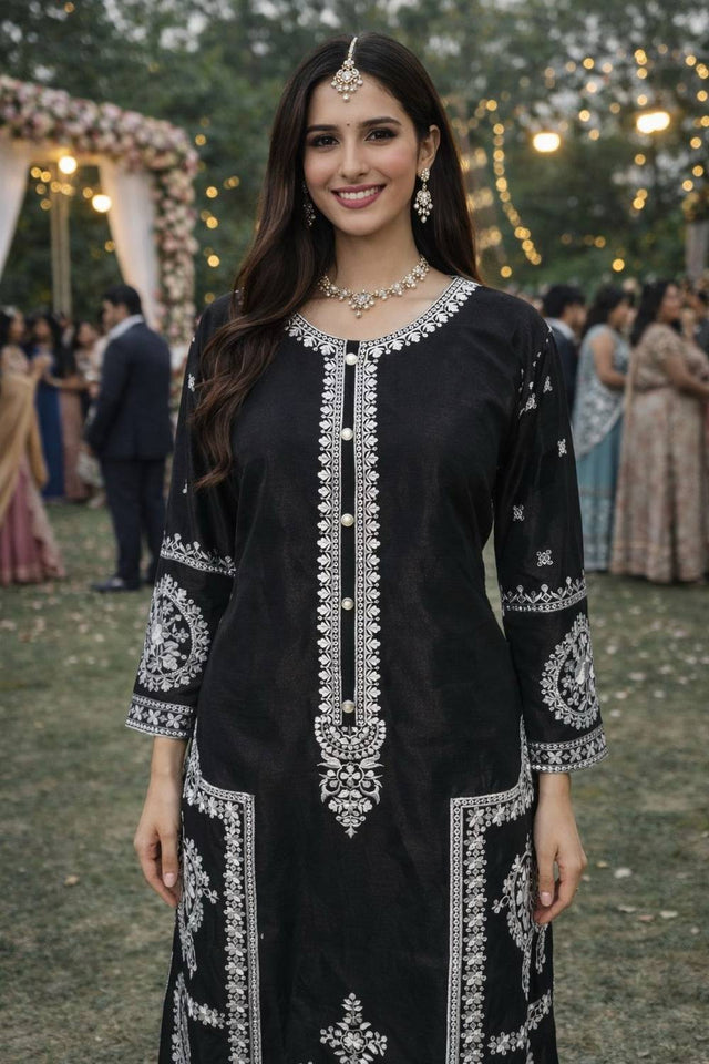 Free Size Stitched Black Floral Embroidered Chinon Palazzo Suits (ACA6039)