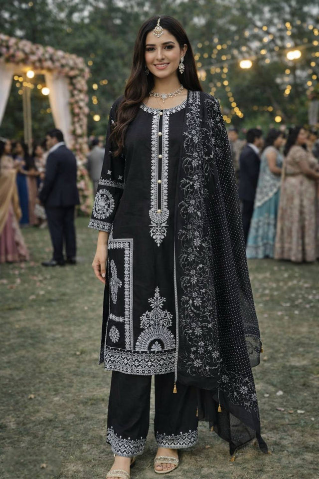 Free Size Stitched Black Floral Embroidered Chinon Palazzo Suits (ACA6039)
