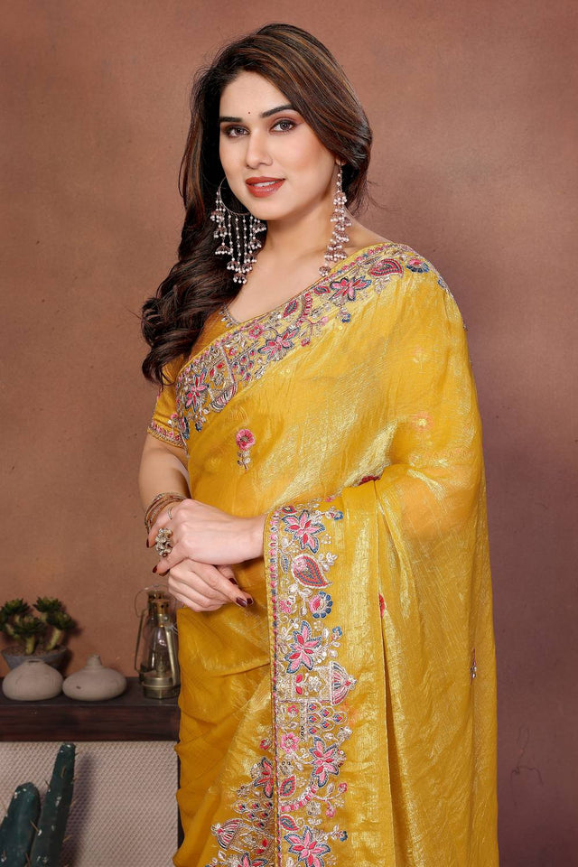 Yellow Floral Embroidered Chiffon Saree (ACA6062)