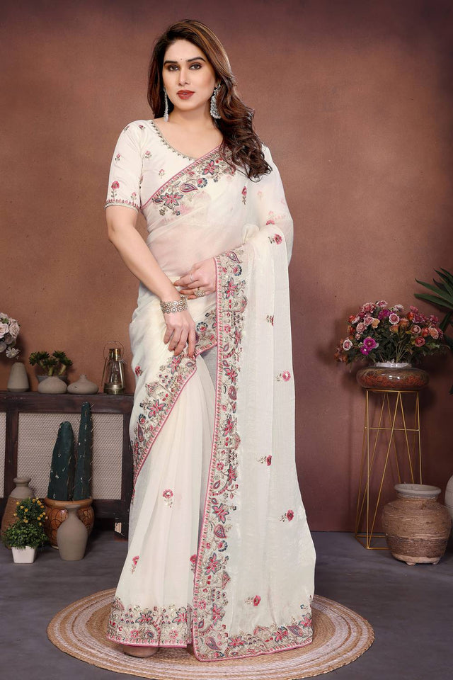 Off White Floral Embroidered Chiffon Saree (ACA6063)