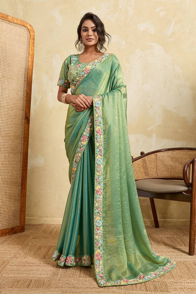 Green Floral Embroidered Chiffon Saree (ACA6064)