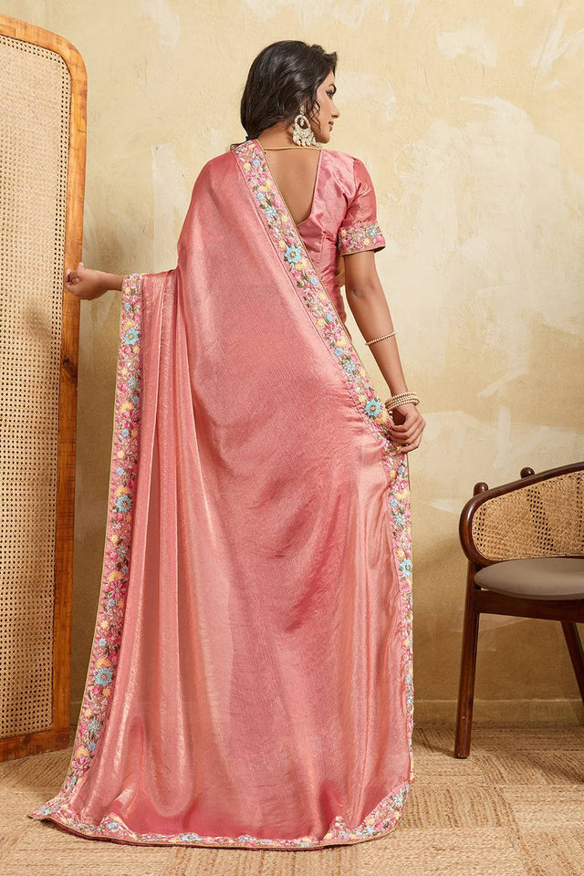 Pink Floral Embroidered Chiffon Saree (ACA6065)