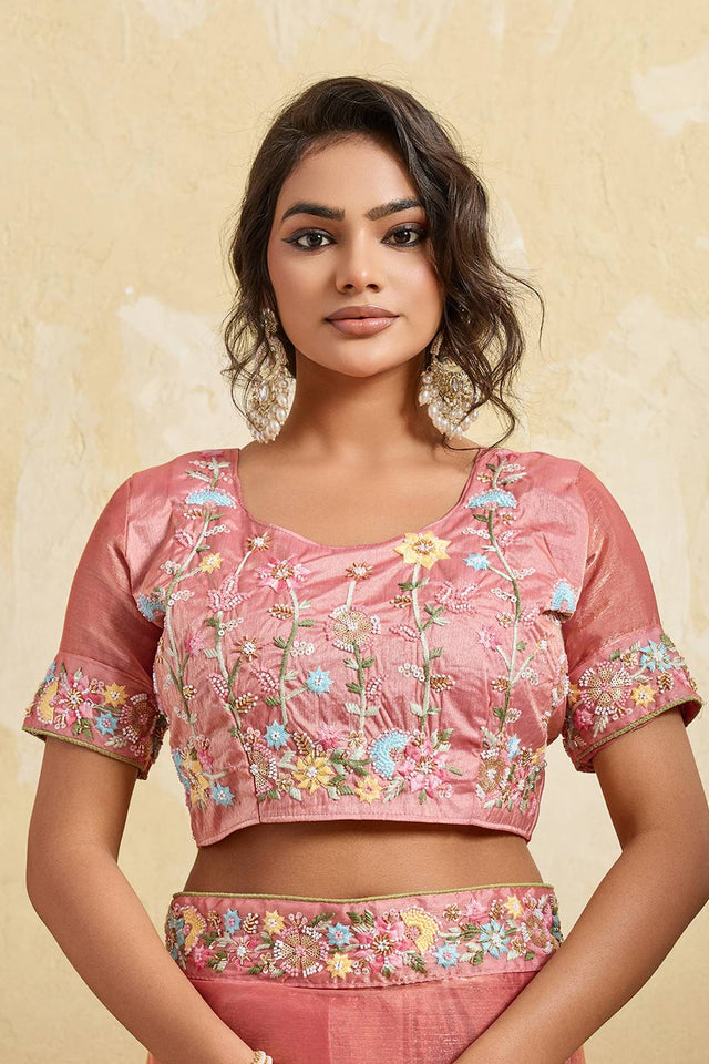 Pink Floral Embroidered Chiffon Saree (ACA6065)
