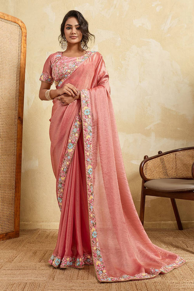Pink Floral Embroidered Chiffon Saree (ACA6065)