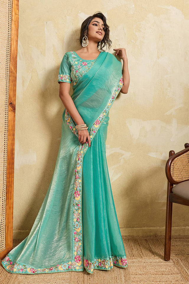 Sea Green Floral Embroidered Chiffon Saree (ACA6066)