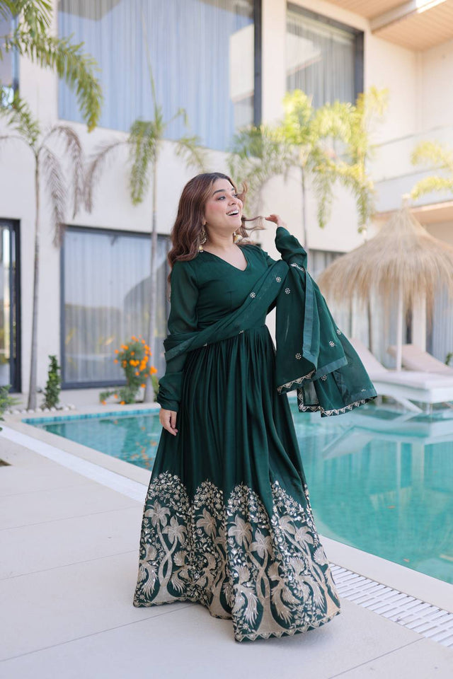Green Floral Embroidered Silk Blend Gown (ACA6067)
