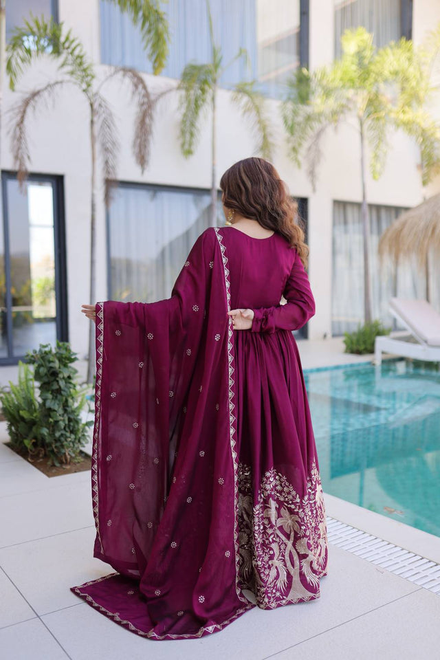 Wine Floral Embroidered Silk Blend Gown (ACA6068)