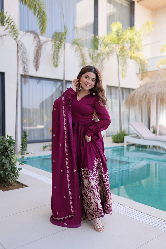 Wine Floral Embroidered Silk Blend Gown (ACA6068)