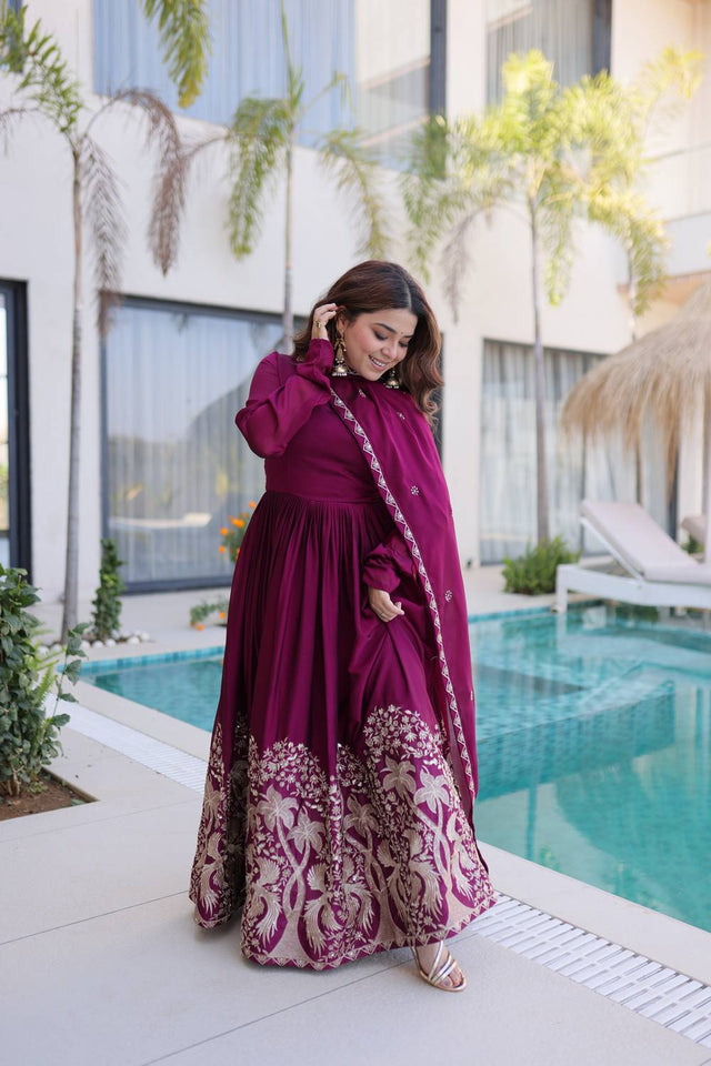 Wine Floral Embroidered Silk Blend Gown (ACA6068)