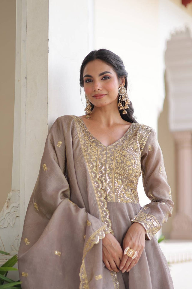 Grey Sequin with Embroidered Silk Blend Gown (ACA6069)