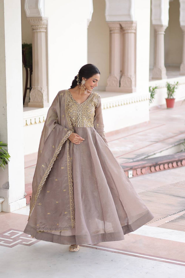 Grey Sequin with Embroidered Silk Blend Gown (ACA6069)
